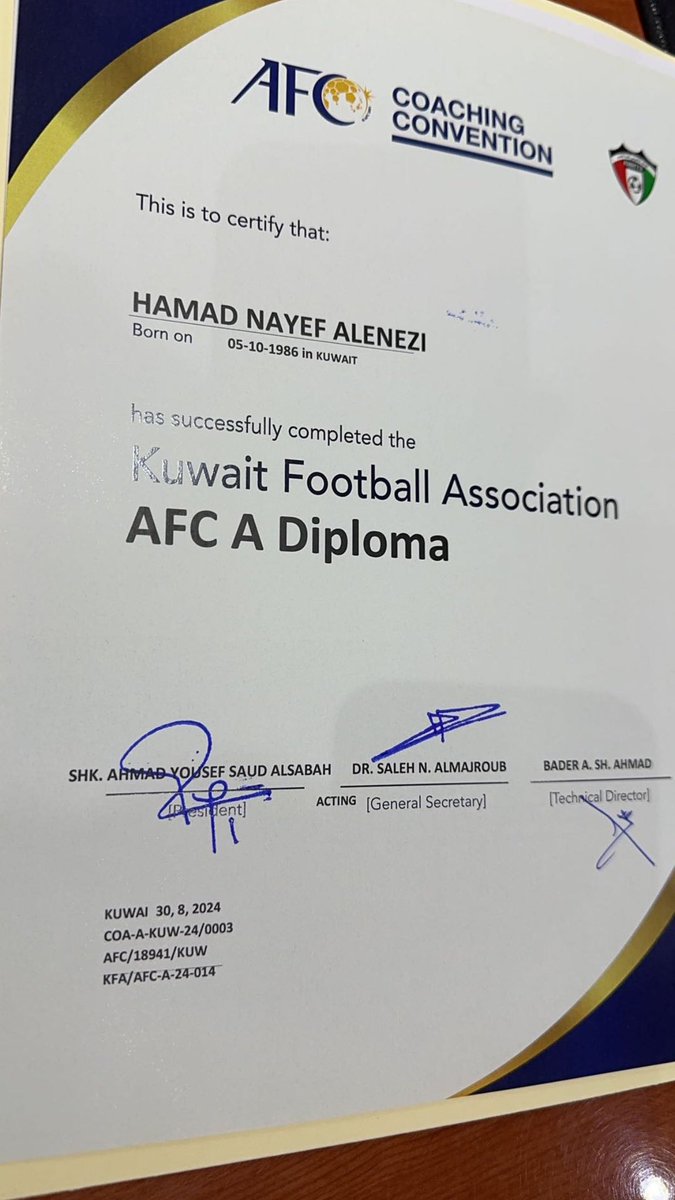 لله الحمد شهادة دبلوم التدريب A license المقدمة من الاتحاد الاسيوي ..