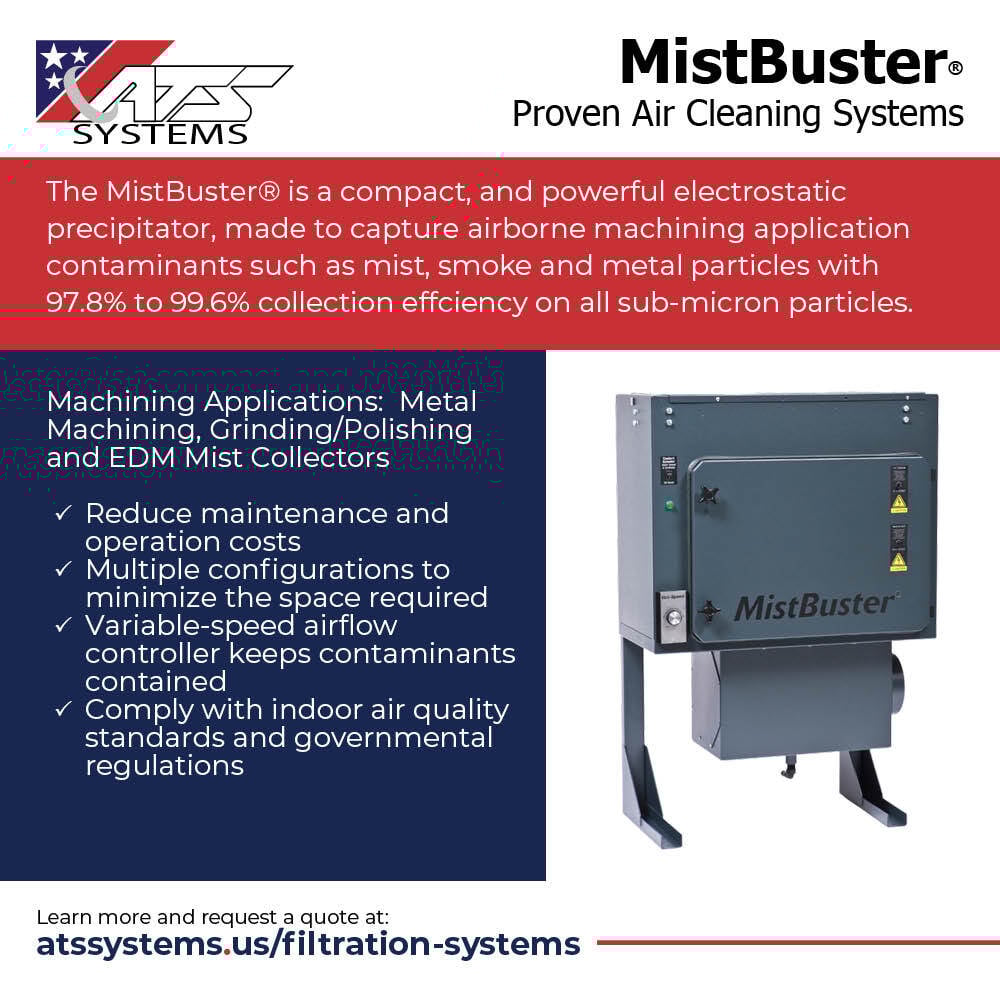 Ats_Systems_'s tweet image. The MistBuster® is a powerful, space-saving electrostatic precipitator with impressive collection efficiency between 97.8% and 99.6% for sub-micron particles, it delivers outstanding performance for cleaner, safer work environments.  Get a quote today: hubs.la/Q0379XP_0