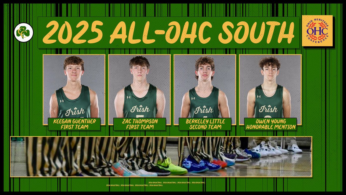 Congratulations to our Boys Basketball All-OHC selections! Well deserved honors for all- led by the Player of the Year- junior  Keegan Guenther! 

GO IRISH!! ☘️🏀☘️