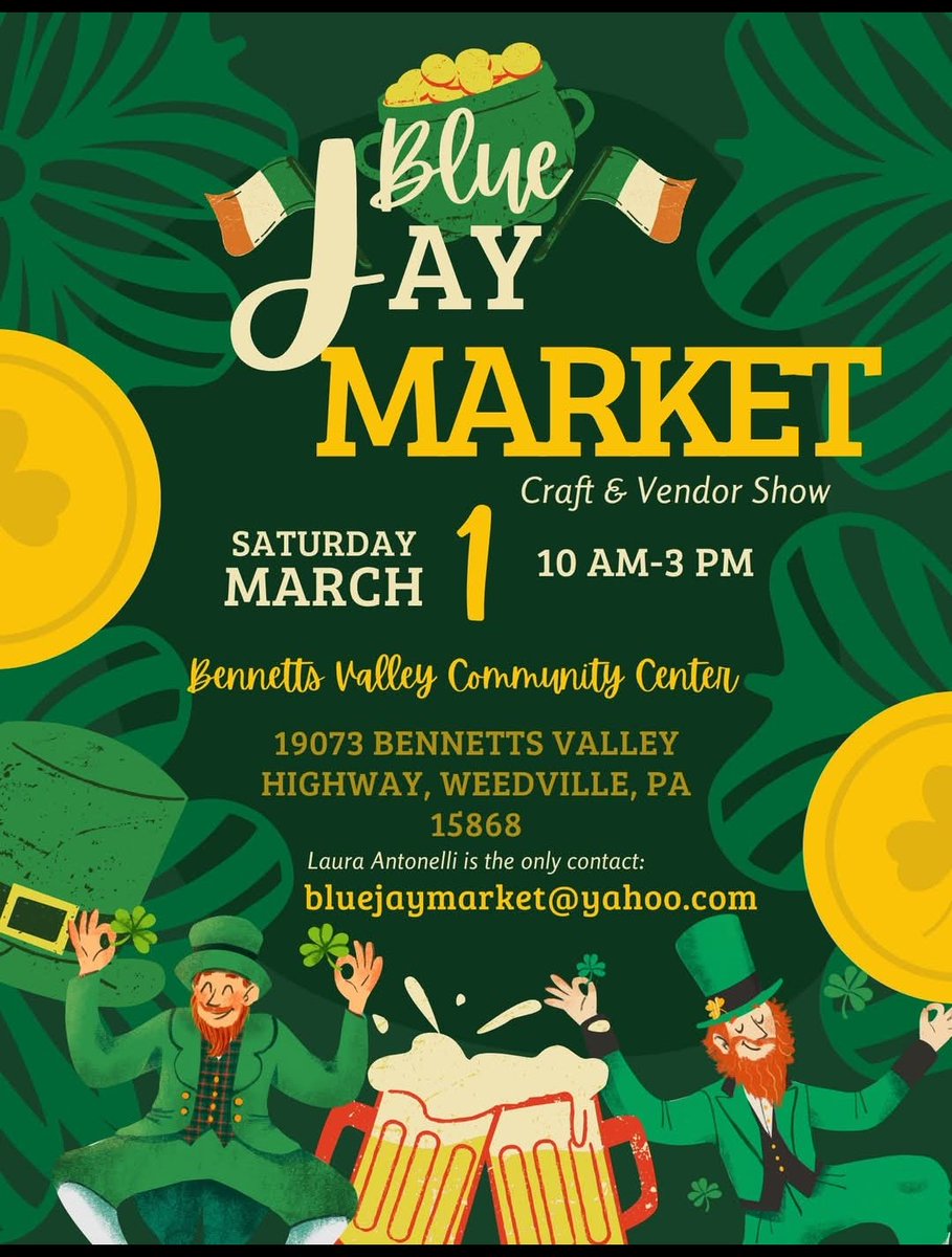 laura9antonelli's tweet photo. Blue Jay Market will be held on Saturday March 1 from 10-3 @ Bennetts Valley Community Center in #weedvillepa #craftshow #vendorshow #craftshopping #Pennsylvania #benezette #stmaryspa #elkcountypa #pagreatoutdoors #visitpago https://t.co/TqSbEAAxJD