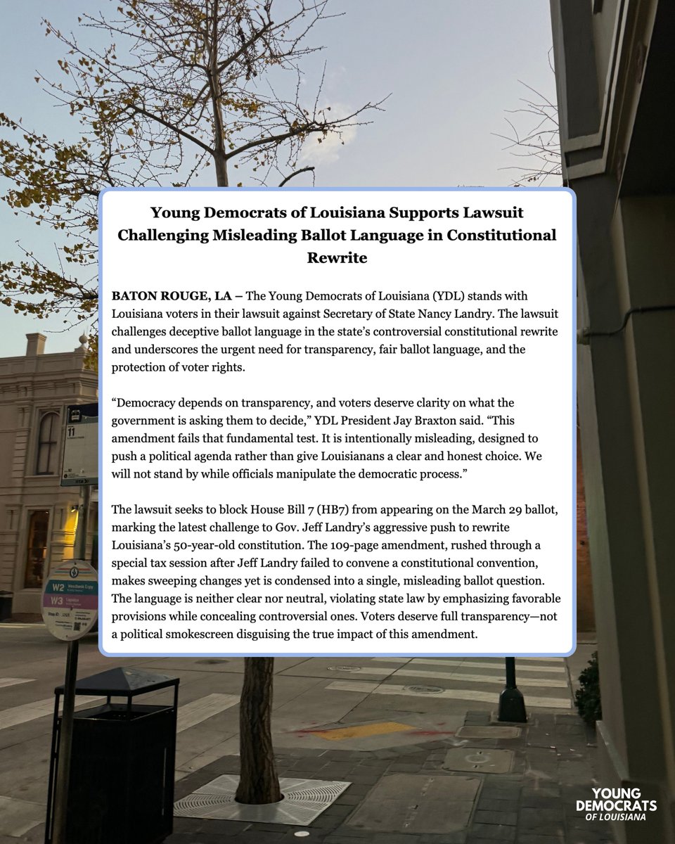 YDLouisiana's tweet photo. BATON ROUGE, LA – The Young Democrats of Louisiana (YDL) stands with Louisiana voters in their lawsuit against Secretary of State Nancy Landry. #lalege #lagov #lasos https://t.co/JQcBH2hcG7