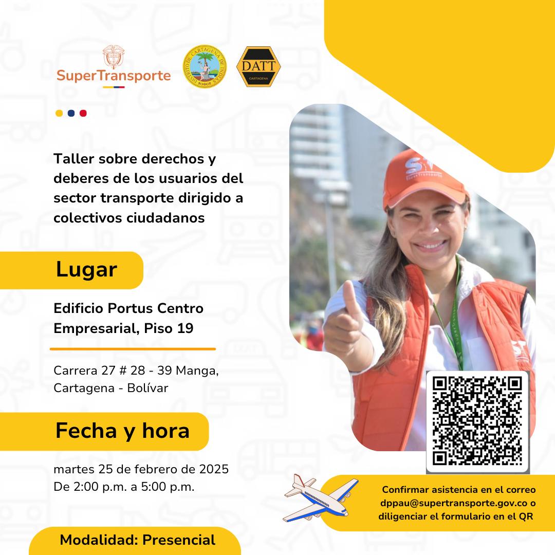 Supertransporte's tweet photo. 📢Taller sobre derechos y deberes de los usuarios del sector transporte dirigido a grupos colectivos ciudadanos.

Edificio Portus Centro Empresarial, Piso 19 #Cartagena

Martes 25 de febrero de 2025
2:00 pm a 5:00 pm

Modalidad: Presencial

Inscripciones➡️
https://t.co/CYNHgIhUvQ https://t.co/EdqClQw3Mm