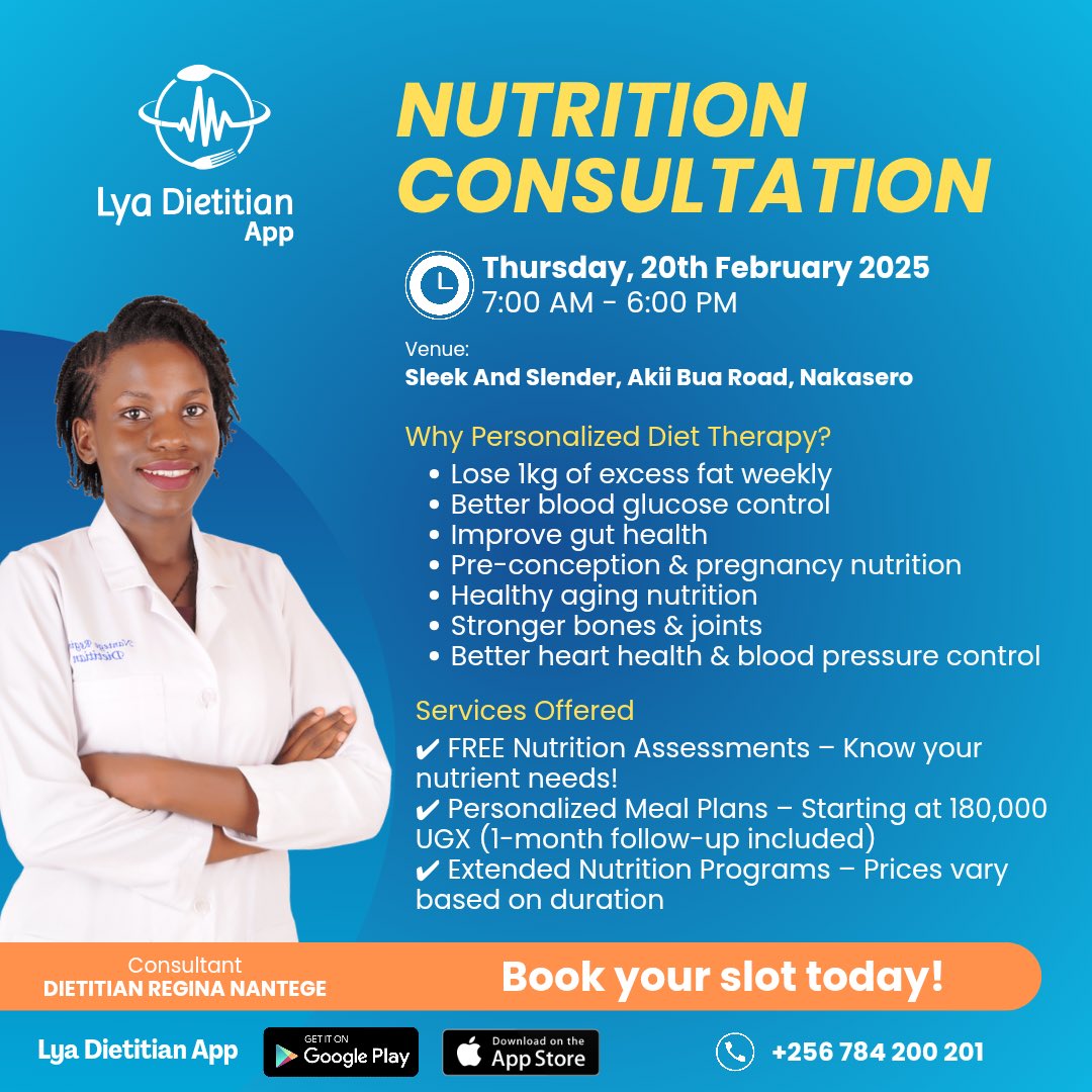 The virtual Dietitian will be doing some in-person sessions this Thursday ( Plot 8A Nakasero).