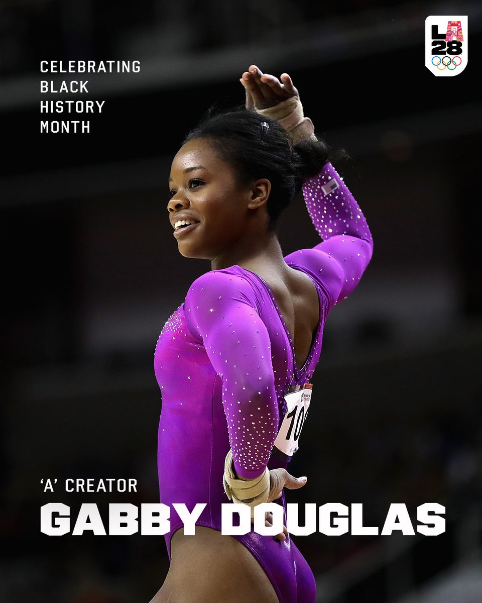 LA28's tweet photo. Setting the bar 🤸‍♀️

@gabrielledoug made history as the first African American woman to win the individual all-around title for Team USA at the 2012 London Olympics. Today, the 3x gold medalist continues to inspire the next generation of young athletes and fans around the world.

Modeled after a sketch drawn by her sister, Gabby's 'A' represents all of the unique pieces that make up LA. 

Learn more about Gabby’s ‘A’ here: https://t.co/otRA6S47ak

#BlackHistoryMonth #LA28