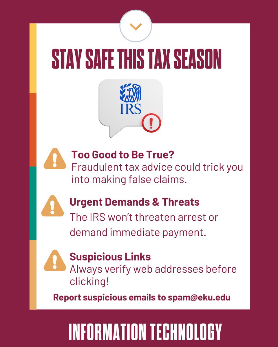 🚨 Beware of IRS Scams! 🚨
Watch this IRS video on text scams: youtube.com/watch?v=6JAKqr…
Received a suspicious tax message? Take action! Forward the message to phishing@irs.gov. If it came to your EKU email, also forward it to spam@eku.edu
