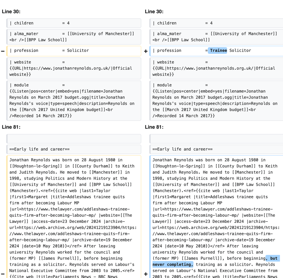 GuidoFawkes's tweet photo. BizSec Jonny Reynolds’ Wikipedia entry listed his profession as ‘Solicitor’ from 2010 to 2025.

It has in the last hour been edited to clarify that point. https://t.co/6nYoBnXu85