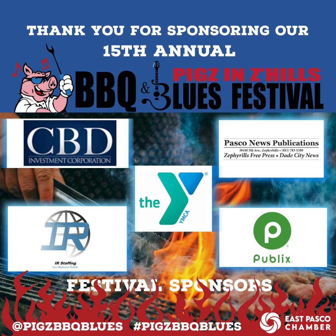 A huge thank you to CBD Investments Corporation, Pasco News Publications, Inc., IR Staffing, East Pasco Family YMCA, and Publix Super Market at Zephyr Commons for sponsoring the 15th Annual Pigz in Z'Hills BBQ &amp; Blues Festival! Your support means the world to us!