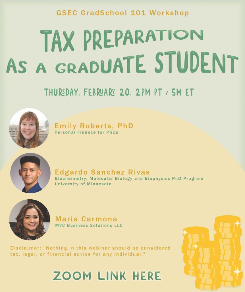 Stressed about the upcoming tax season?

Join us THIS WEEK on Thursday 2/20 at 2pm PST for our #CLGSEC Workshop: "Grad School 101: Tax Preparation as a Graduate Student" featuring panelists Emily Roberts, Edgardo Sanchez-Rivas, and Maria Carmona

Register: eventbrite.com/e/grad-school-…