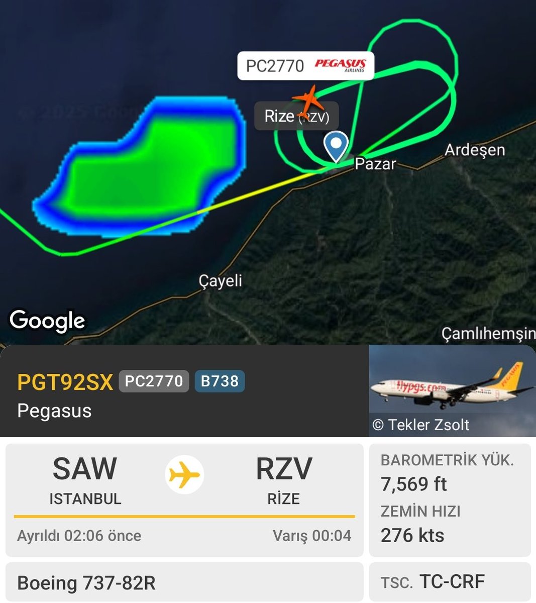 HavaSosyalMedya's tweet photo. Rize - Artvin Havalimanı ve çevresinde etkili olan olumsuz hava koşulları nedeniyle Pegasus Havayolları'nın #PC2770 Sabiha Gökçen seferini gerçekleştiren TC-CRF tescilli Boeing B737-800 tipi uçak, iniş yapamadı ve bekleme pozisyonuna geçti. Havanın düzelmemesi durumunda ise uçağın Trabzon'a divert etmesi bekleniyor.