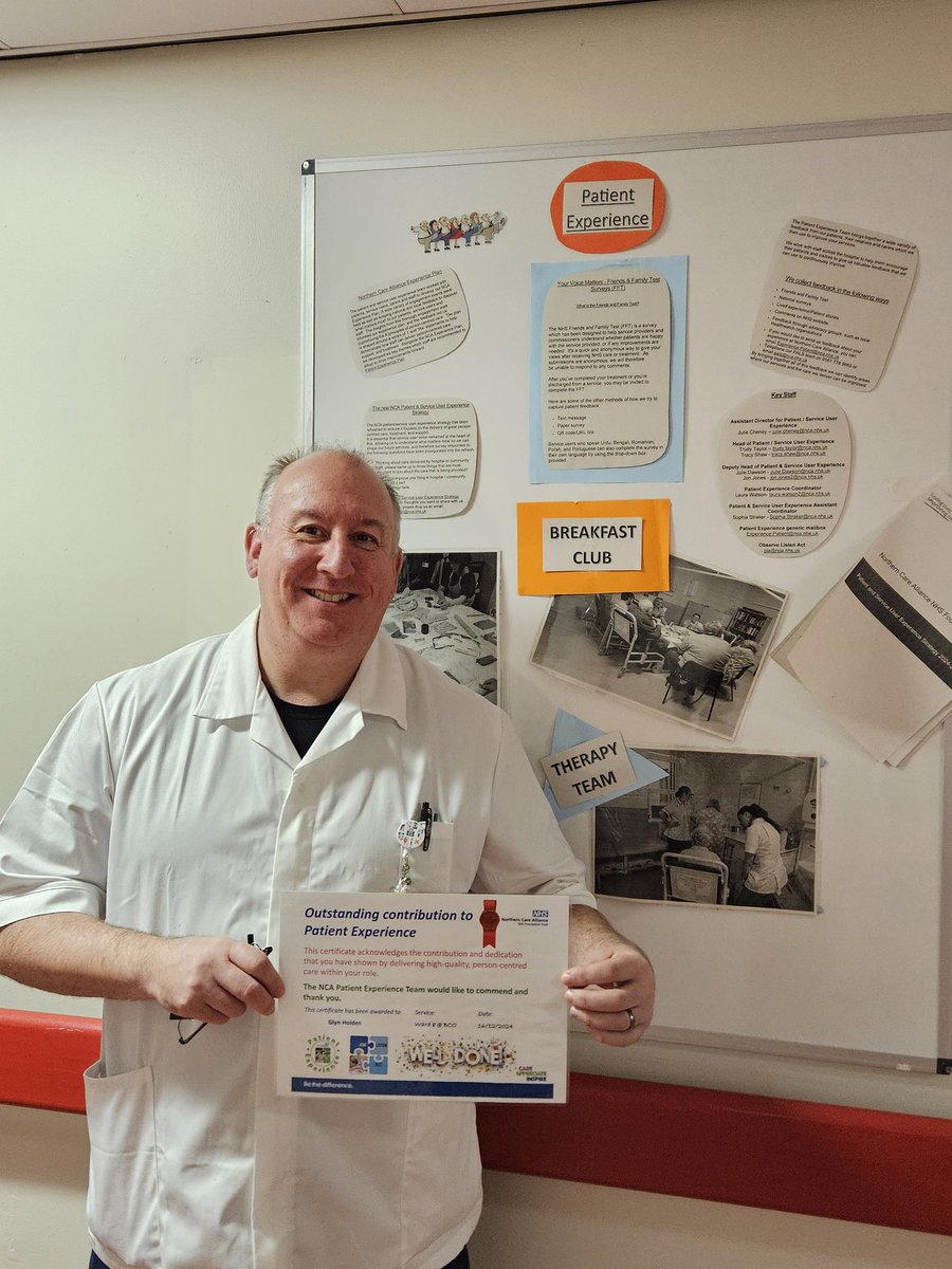 What a joy to present this outstanding contribution certificate to Glyn on ward 8 <a href="/BuryCO_NHS/">Bury Care Organisation</a> today. Well done, your commitment to ensuring patients have a positive experience in hospital is fantastic <a href="/ExpTeamNCA/">Patient & Service User Experience Team NCA</a> #patientcarematters