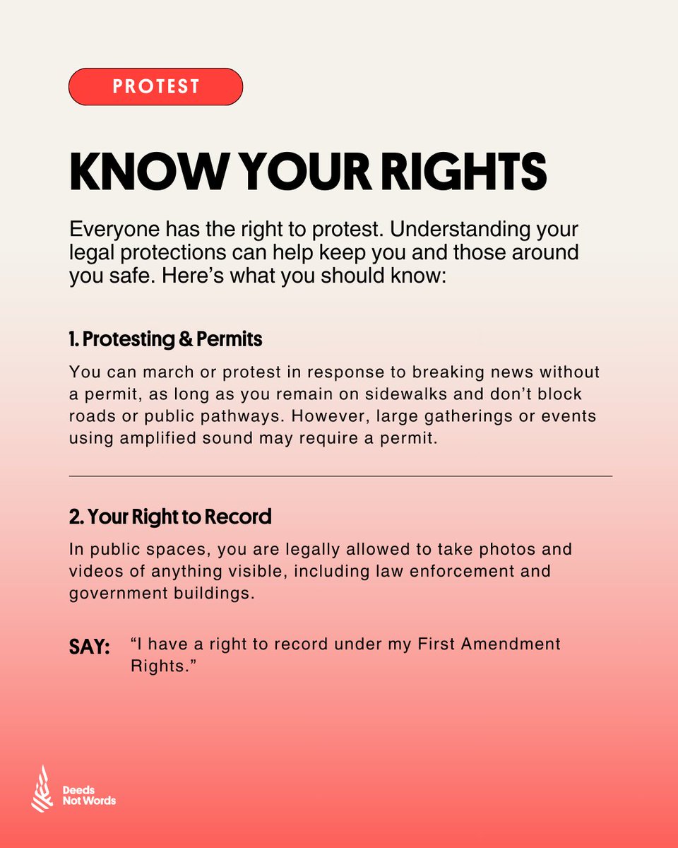 DeedsActionFund's tweet photo. 📢 We protect ourselves and each other by knowing our rights—our right to protest, record, and refuse unlawful searches.  #ProtestSafely

📌 Swipe to learn key legal protections &amp; share this post so every Texan can stay informed, safe, and powerful. #KnowYourRights https://t.co/4VdeY2wh0l