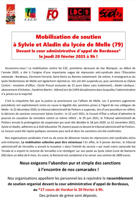 SUDEduc79's tweet photo. 📢Mobilisation de soutien à Sylvie et Aladin #4deMelle
Rendez-vous devant la cour administrative d'appel de Bordeaux le jeudi 20 février 2025 à 9h ✊ https://t.co/lGrSk7rXdP