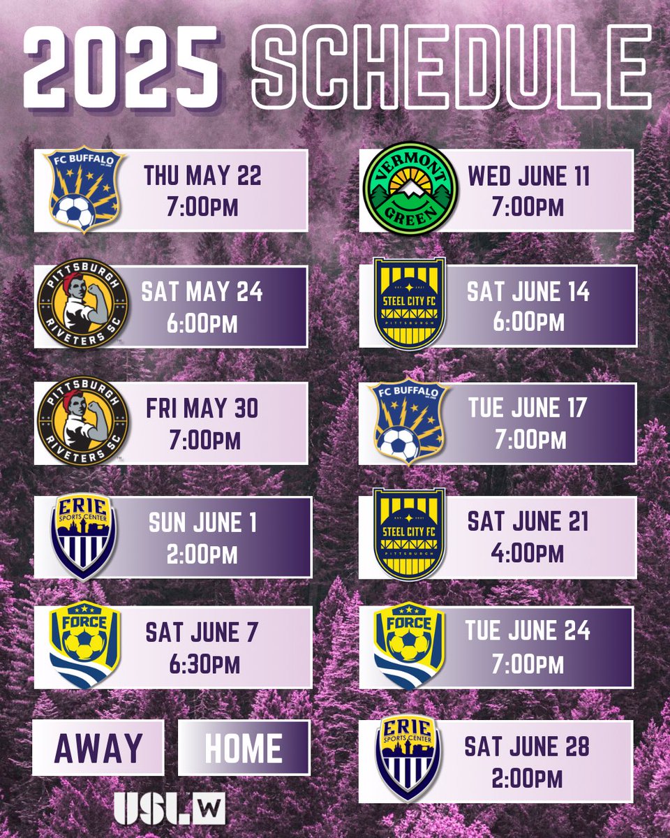 Flower City 1872 (@flowercity1872) on Twitter photo The 2025 schedule has arrived! Mark your calendars for an exciting summer of <a href="/USLWLeague/">USL W League</a> soccer and don’t forget to get your season tickets🌸
*All home matches will be played at the Rochester Community Sports Complex The 2025 schedule has arrived! Mark your calendars for an exciting summer of <a href="/USLWLeague/">USL W League</a> soccer and don’t forget to get your season tickets🌸
*All home matches will be played at the Rochester Community Sports Complex