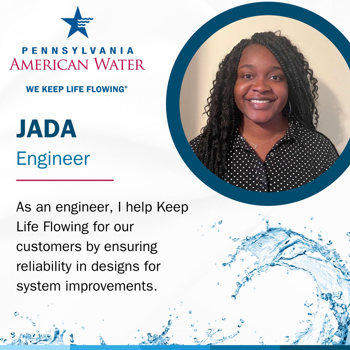 paamwater's tweet photo. It's National Engineers Week. To celebrate, we're spotlighting members of our engineering team from across the commonwealth and how they help Keep Life Flowing for our customers. Meet Jada! 👏💦
 #Eweek2025 #WeKeepLifeFlowing https://t.co/3c6kF6pl2Z