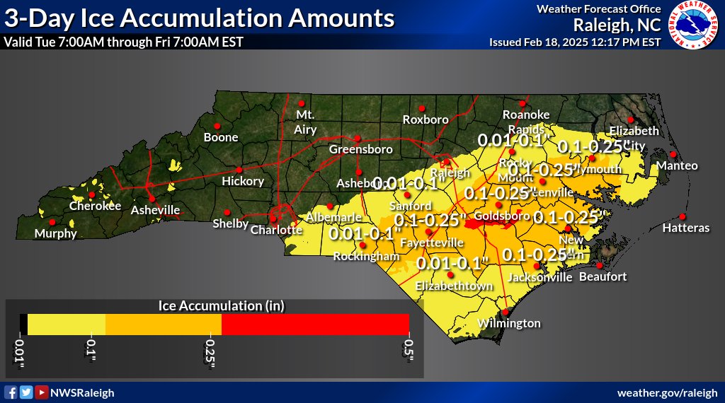 NWSRaleigh's tweet image. 110 pm: Our forecast team is evaluating the new guidance:
1) Expecting a storm with minor to moderate impacts.
2) In general, we don&apos;t expect to increase amounts in most areas.
3) The most hazardous weather will develop Wednesday afternoon &amp;amp; continue into the evening.