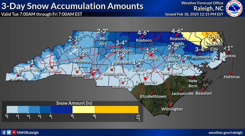 NWSRaleigh's tweet image. 110 pm: Our forecast team is evaluating the new guidance:
1) Expecting a storm with minor to moderate impacts.
2) In general, we don&apos;t expect to increase amounts in most areas.
3) The most hazardous weather will develop Wednesday afternoon &amp;amp; continue into the evening.