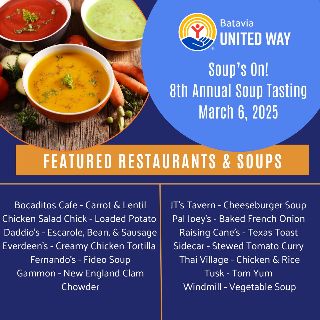 BataviaWay's tweet image. Join us for a SOUP-er FUNdraiser on March 6th, and sample these delicious soups from local restaurants!  Get your tickets soon before they sell out.  Which restaurant do YOU think will take home the Soup Bowl Trophy?
Get your tickets here: bataviaunitedway.org/soupevent/