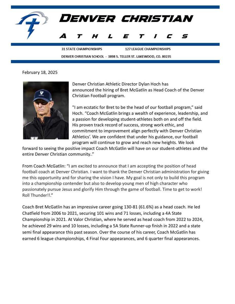 Bret McGatlin (@coachmcgat) on Twitter photo Here we go! Thanks <a href="/rollDCthunder/">Denver Christian Athletics</a> for this opportunity. Excited to get to work🙏 Here we go! Thanks <a href="/rollDCthunder/">Denver Christian Athletics</a> for this opportunity. Excited to get to work🙏