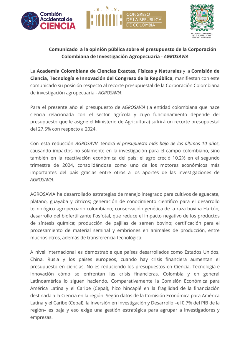 acadcienciacol's tweet photo. La @acadcienciacol y la Comisión Accidental de Ciencia y tecnología del Congreso de la República manifiestan su profunda preocupación por el recorte presupuestal de #Agrosavia https://t.co/lfrOYAdo7O