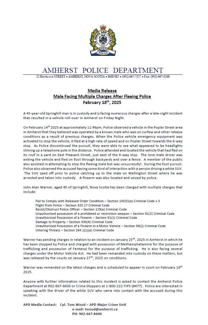 Media Release from the Amherst Police Department - Male Facing Multiple Charges After Fleeing Police
amherst.ca/male-facing-mu…