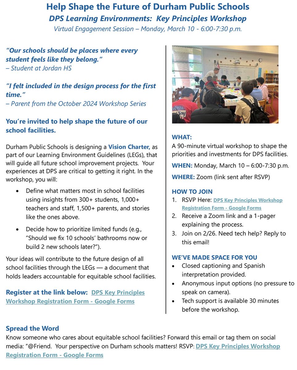 🏫✨ Help Shape the Future of DPS Schools! ✨🏫

Join our Virtual Key Principles Workshop on Monday, March 10, 6:00-7:30 PM to help guide future school improvement projects! 💡📚

Your voice matters! 🏗️📖 #WeAreDPS

RSVP: bit.ly/4gLgFSu