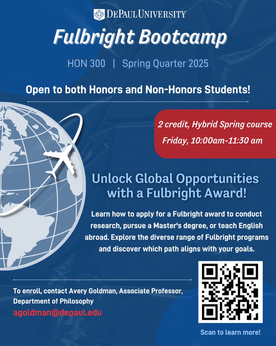 🌍 Unlock Global Opportunities with a Fulbright Award 🌏
This spring quarter course--Fulbright Bootcamp--is open to Honors and non-Honors students. Scan QR code for more details on how to enroll!