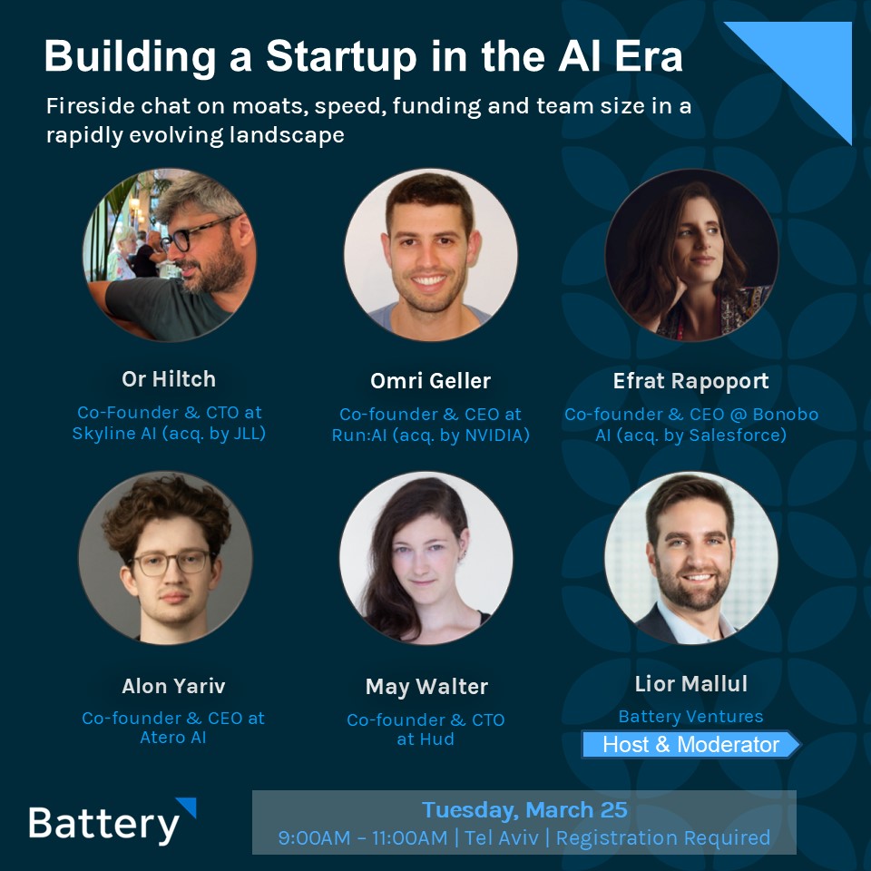 Great to collaborate with the amazing builders <a href="/EfratRapoport/">Efrat Rapoport</a> <a href="/_orcaman/">Or Hiltch</a> <a href="/GellerOmri/">Omri Geller</a> <a href="/alonyariv/">Alon Yariv</a> <a href="/maywa1ter/">May Walter</a>. If you're building a company and navigating AI, join us. *Comment or DM to attend*