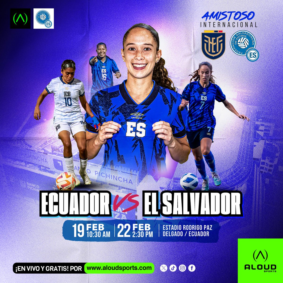HORARIOS VERIFICADOS PONGAN LA ALARMA ✅

🇸🇻 EL SALVADOR VS ECUADOR 🇪🇨

19 FEBRERO
10:30AM

22 FEBRERO
14:30

📱 <a href="/AloudSports/">Aloud Sports</a> Disponible en iOS y Android ó en nuestro portal aloudsports.com

EN VIVO Y GRATIS (No como otros 😉)