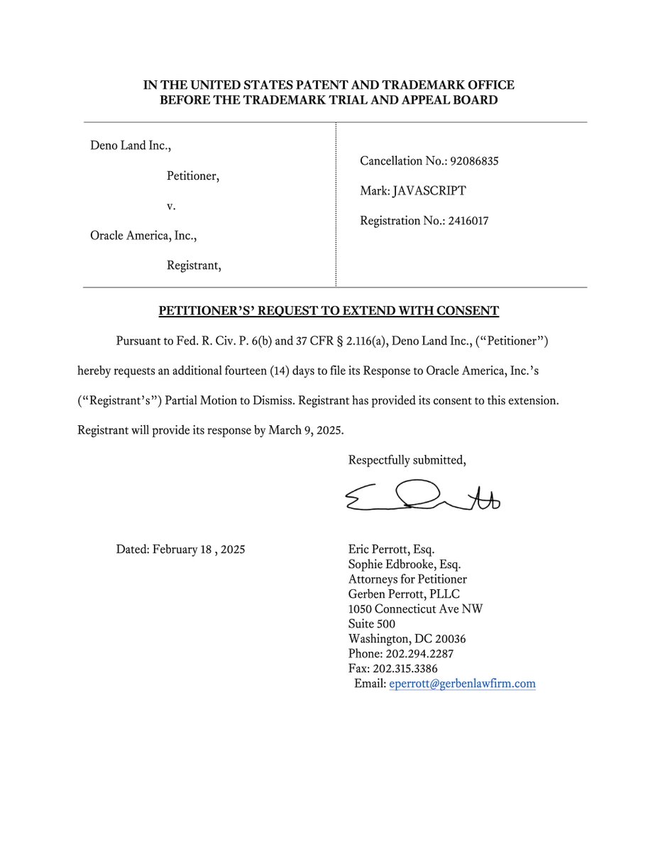 deno_land's tweet image. Small #FreeJavaScript update: We're requesting a two-week extension to reply to Oracle. Unfortunate, but we need to get everything right. Response coming by March 9. Stay tuned!
ttabvue.uspto.gov/ttabvue/v?pno=…