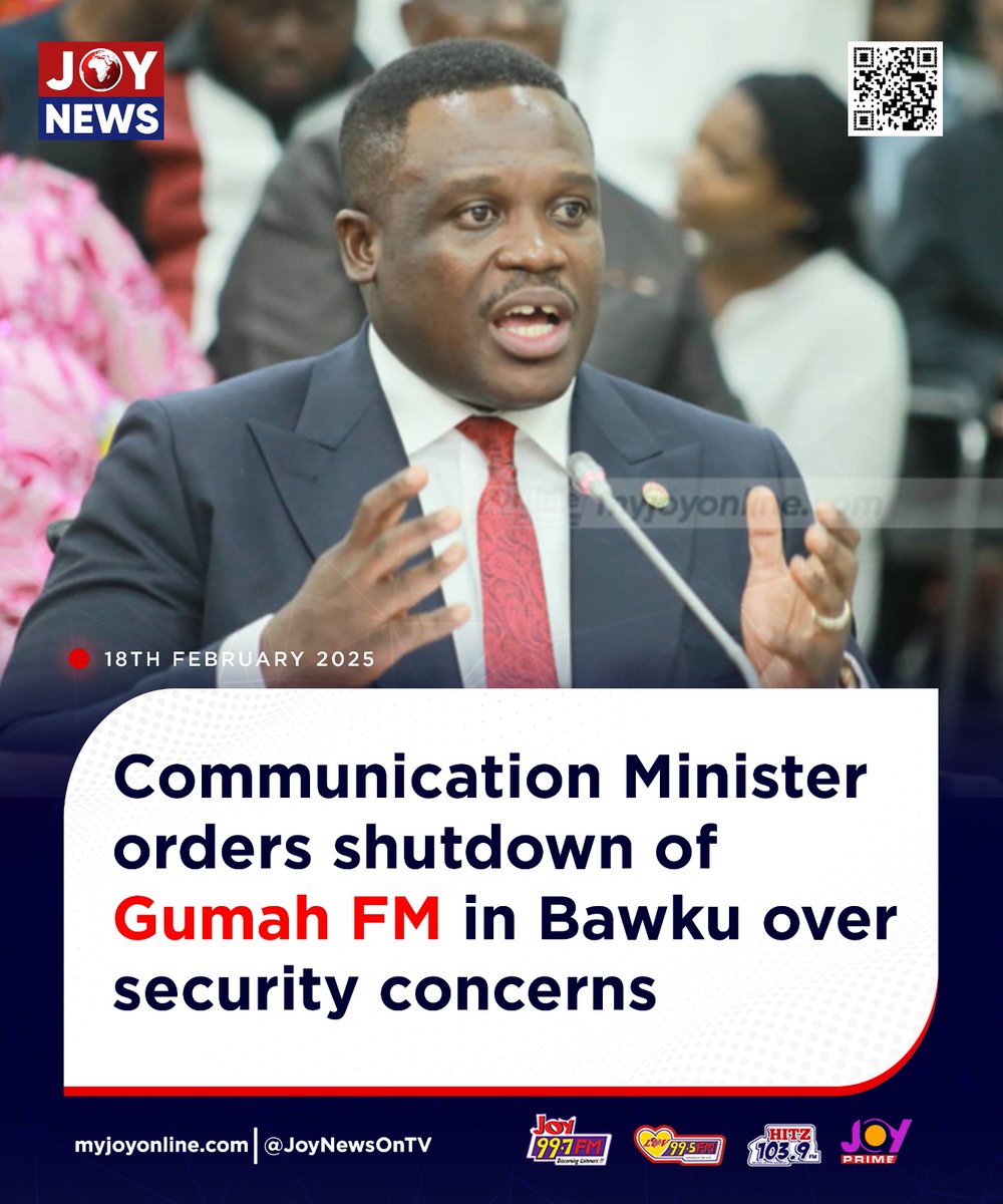 Joy997FM's tweet photo. Communication Minister orders shutdown of Gumah FM in Bawku over security concerns

Details here: https://t.co/JQU5MnJZEZ

#JoyNews https://t.co/0Kq4I1eXbn