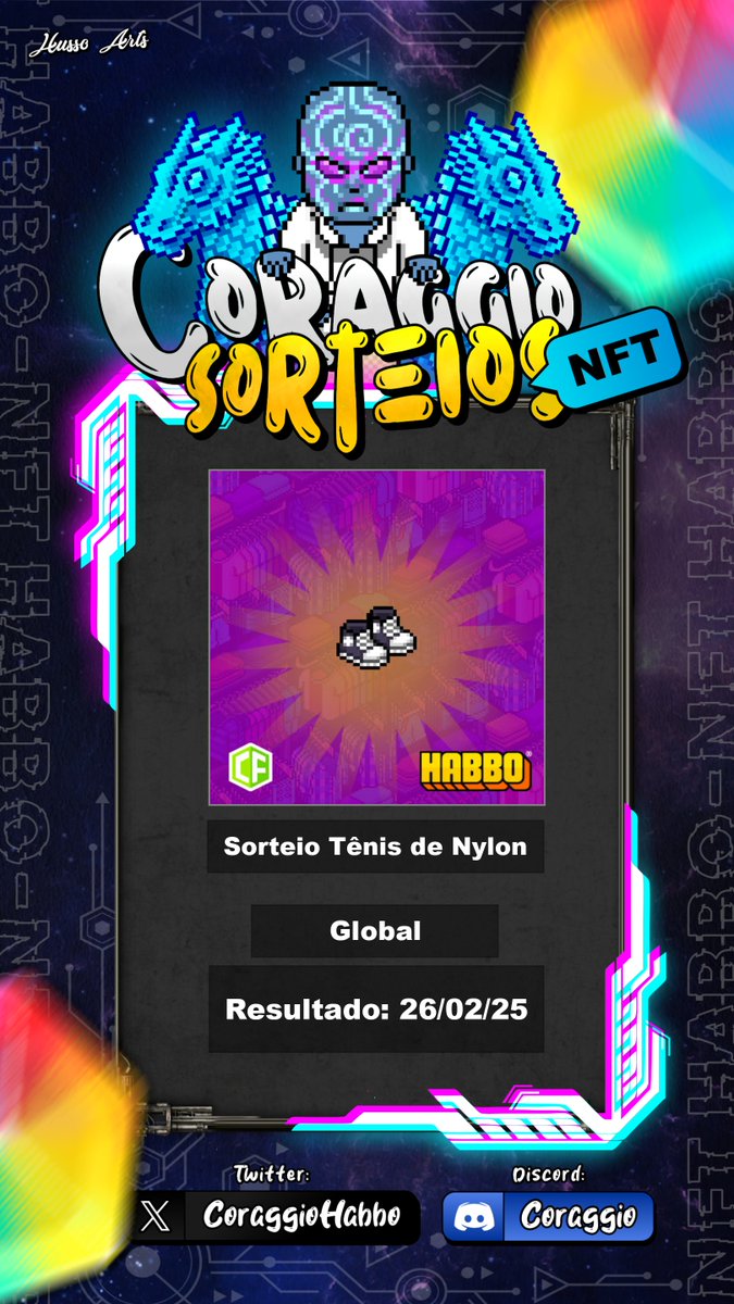 👟SORTEIO TÊNIS NYLON NFT👟

Requisitos: 
1️⃣ Seguir <a href="/CoraggioHabbo/">Coraggio</a> e <a href="/Habbo/">Habbo</a>;
2️⃣ Dar RT e FAV neste Tweet;
3️⃣ Marcar 3 amigos.

🌎: O item é NFT, então todas as comunidades do Habbo podem participar.
🏆: 1 Vencedor

⚠ Fim 26/02 #Habbo