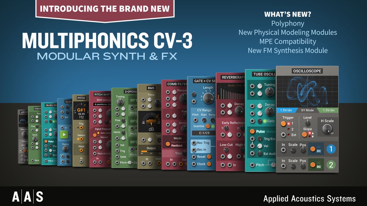 MULTIPHONICS CV-3 IS HERE! We're thrilled to announce the official release of our Modular Synth &amp; FX plug-in! Celebrate with 25% OFF! Plus, special upgrade/crossgrade offers on our website.
Check it out: applied-acoustics.com/promo/ #multiphonicscv3 #synth #modularsynth #multiphonics