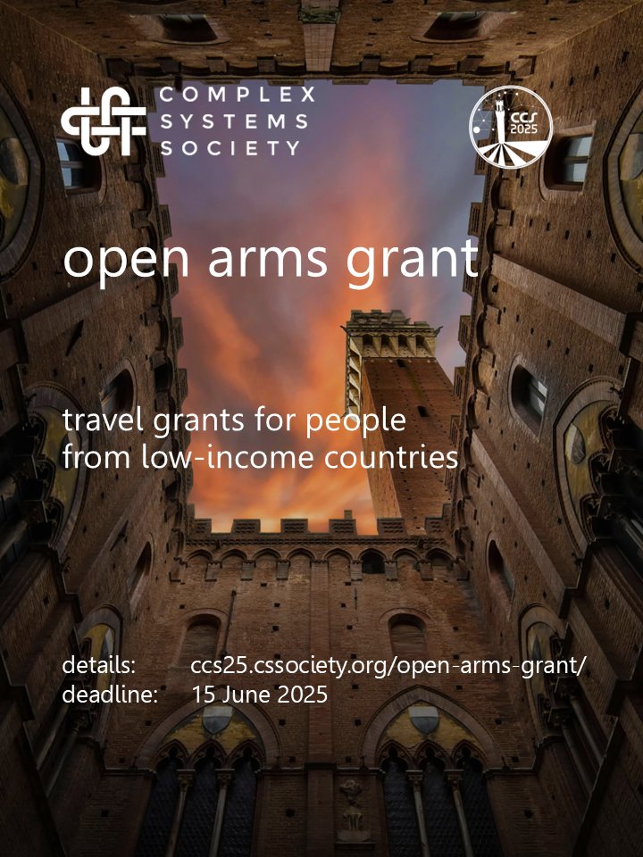 How can we create a more inclusive society?

I am proud to share that <a href="/CompSysSoc/">CSS</a> will have an #OpenArmsGrant for <a href="/ConfCompSys/">Conference on Complex Systems</a> to support all expenses of researchers from low-income countries.

ccs25.cssociety.org/open-arms-gran…