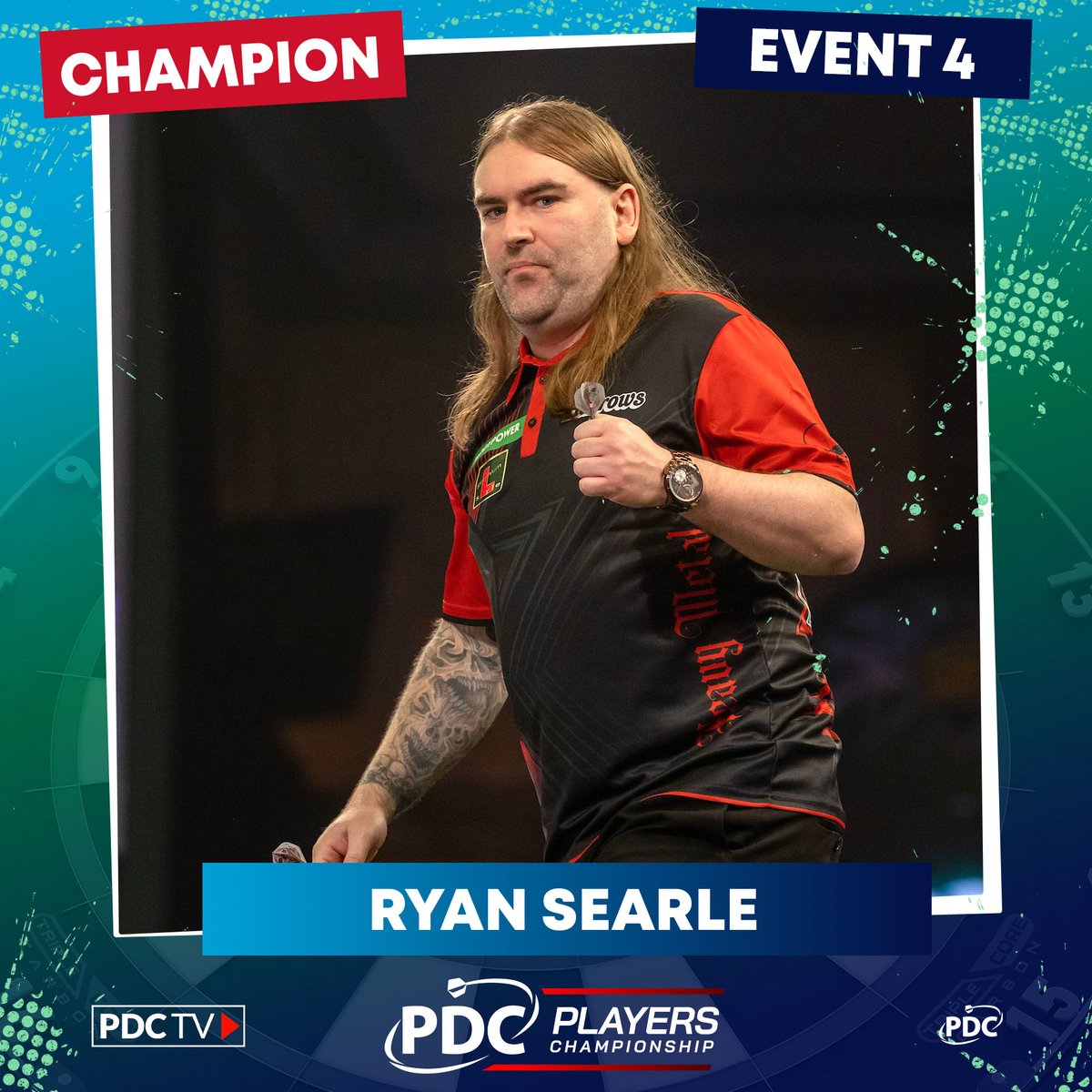 OfficialPDC's tweet photo. PC4 SUCCESS FOR SEARLE! 🤘

Ryan Searle secures his sixth Players Championship title with an emphatic 8-3 victory over Cameron Menzies in Tuesday's final in Rosmalen!

Another strong start to the year for Heavy Metal! 👏 https://t.co/60koi7MCvf