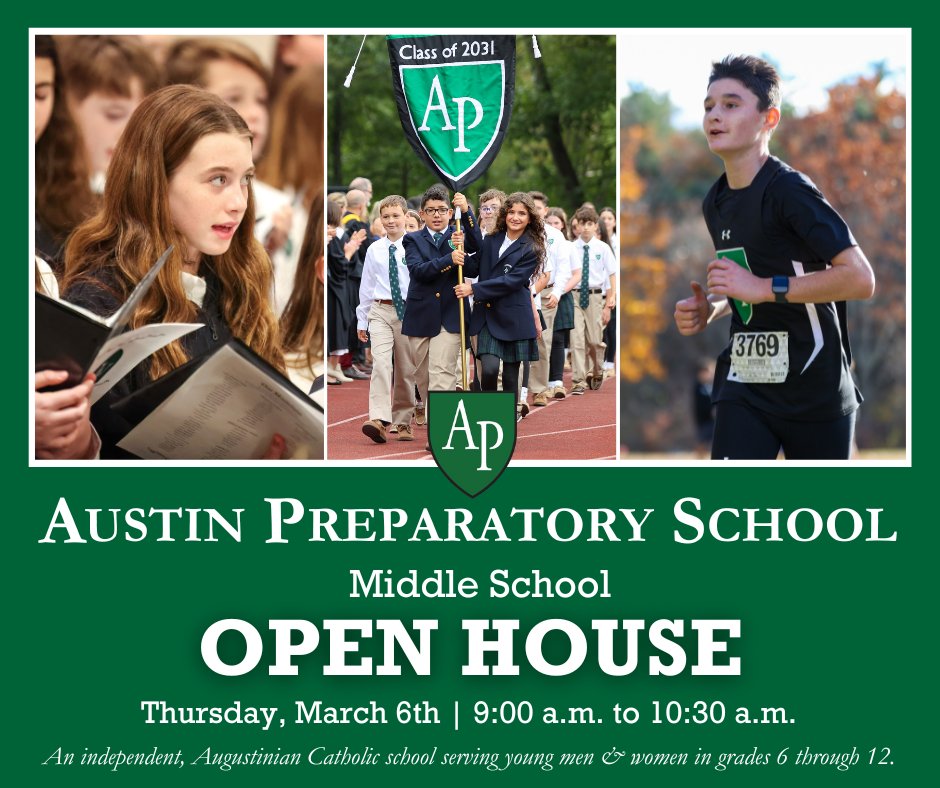 Austin Prep (@austinprep) on Twitter photo The Office of Admissions invites you to a Middle School Open House on Thursday, March 6th from 9-10:30 a.m. This event is for students applying to grades 6-8 for the 2025-26 academic year. Come learn more about the #AustinPrepJourney. Email to sign up: admissions@austinprep.org The Office of Admissions invites you to a Middle School Open House on Thursday, March 6th from 9-10:30 a.m. This event is for students applying to grades 6-8 for the 2025-26 academic year. Come learn more about the #AustinPrepJourney. Email to sign up: admissions@austinprep.org