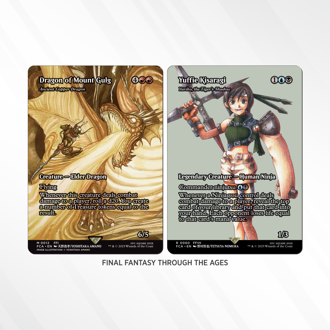 Magic is thrilled to bring classic FINAL FANTASY art from famous artists like Yoshitaka Amano, Tetsuya Nomura, and others to life on the “Through the Ages” bonus sheet in #MTGxFINALFANTASY.

Here’s #FF1’s Dragon of Mount Gulg and Yuffie Kisaragi from #FF7. <a href="/finalfantasyvii/">FINAL FANTASY VII</a>