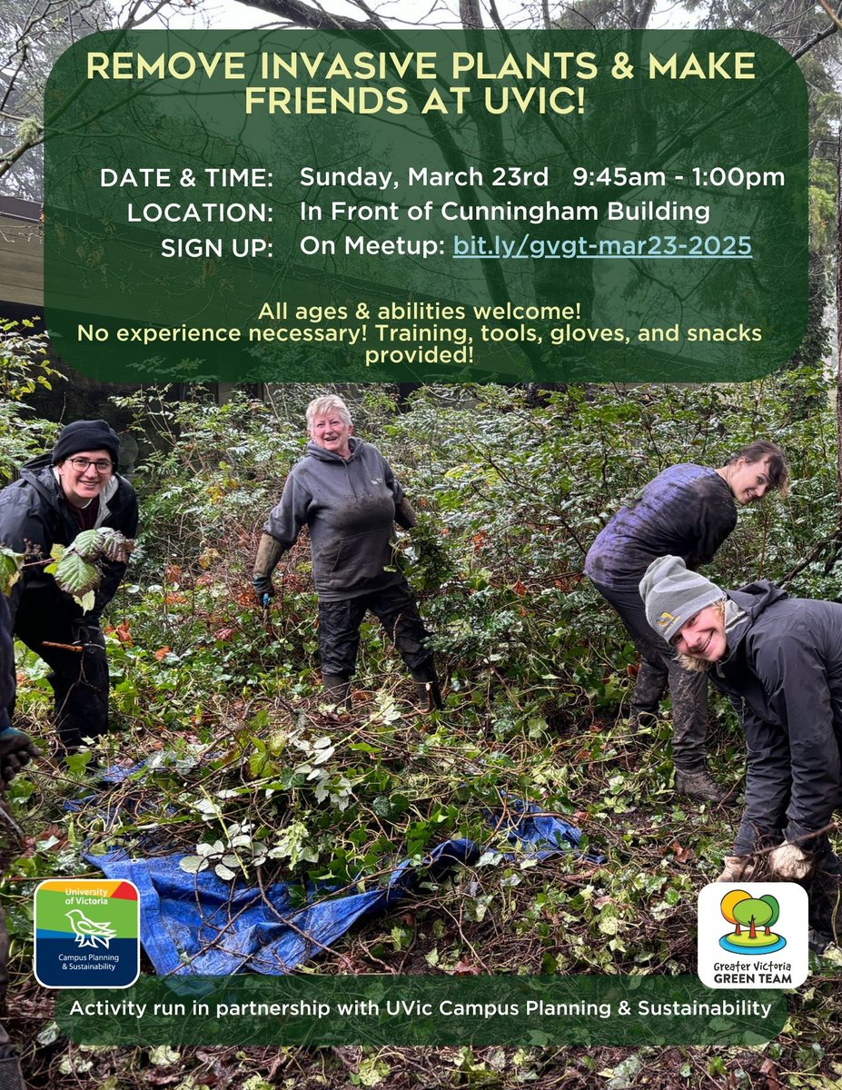 Meet new people and help improve the environment! Join us on Sunday March 23rd at UVic in front of the Cunningham building to remove invasive English ivy! 
Everyone is welcome! 
Details &amp; Sign up: bit.ly/gvgt-mar23-2025 
Thanks <a href="/green_uvic/">UVic Sustainability</a> for making this possible!