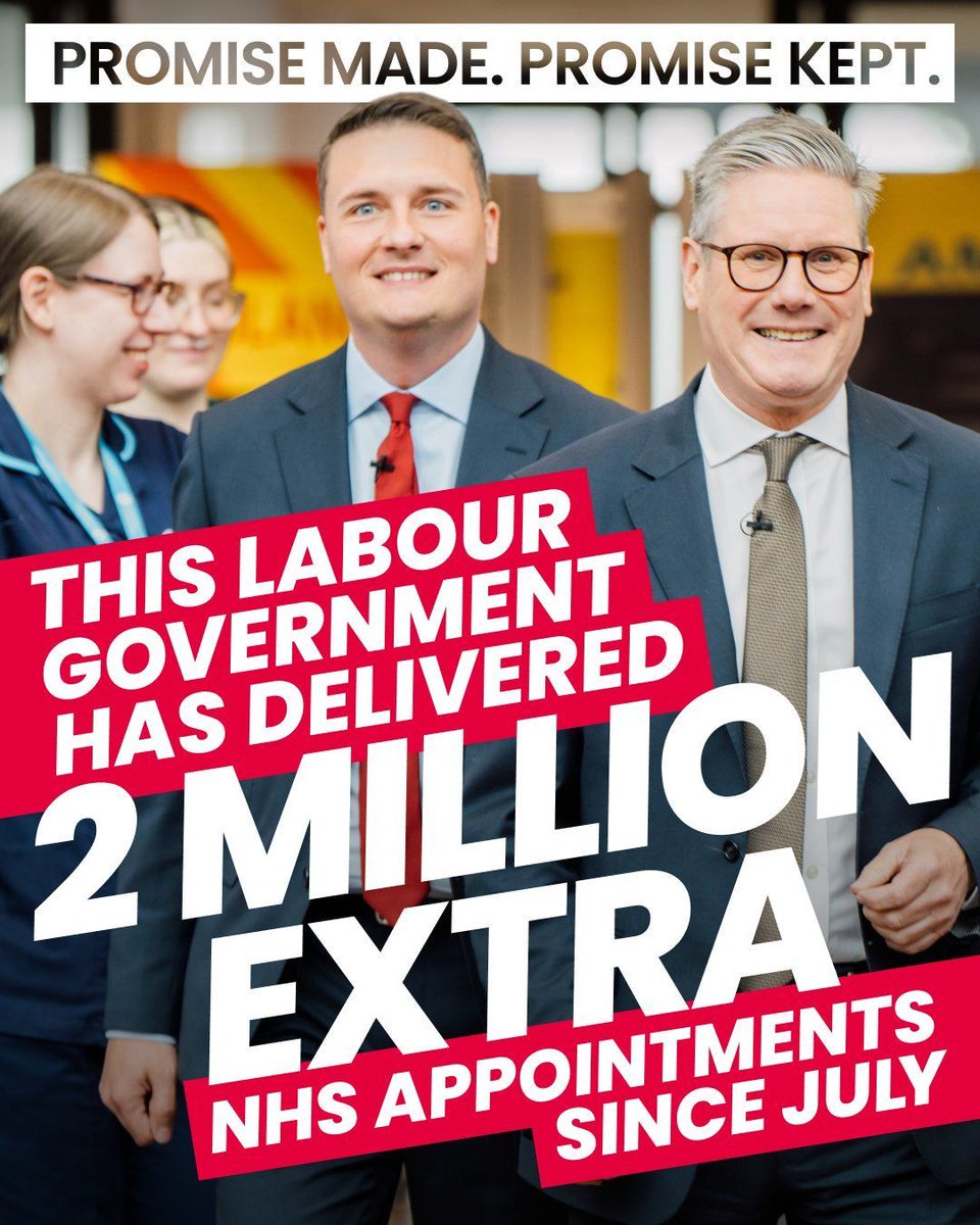 Promises made. Promises kept.

Labour was elected on a commitment to cut waiting lists and rebuild our NHS. I am proud that the Labour government has already delivered 2 million extra NHS appointments. 

This is the change people voted for.