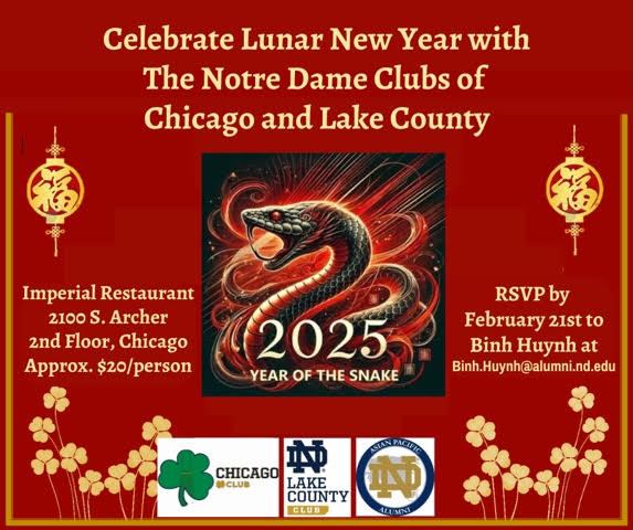 Let us know by Friday (binh.huyhn@alumni.nd.edu) if you plan to join us on Sunday, February 23rd at 11:30 am at Imperial Restaurant (2100 S. Archer, 2nd Floor, Chicago) for our Lunar New Year Dim Sum Celebration! ☘️🐍🥟