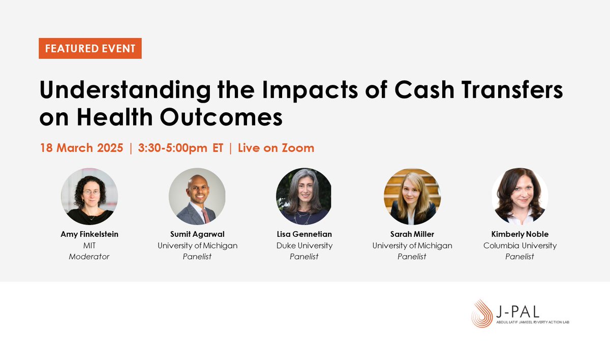 J-PAL North America (@jpal_na) on Twitter photo 1/4 🗓️Save the date!
On March 18, from 3:30-5pm ET <a href="/JPAL_NA/">J-PAL North America</a> is hosting a webinar featuring 3 #RCTs that evaluated the impact of cash transfers on health. Read this 🧵 to learn more about the research and register for the event (povertyactionlab.org/event/understa…)👇 1/4 🗓️Save the date!
On March 18, from 3:30-5pm ET <a href="/JPAL_NA/">J-PAL North America</a> is hosting a webinar featuring 3 #RCTs that evaluated the impact of cash transfers on health. Read this 🧵 to learn more about the research and register for the event (povertyactionlab.org/event/understa…)👇