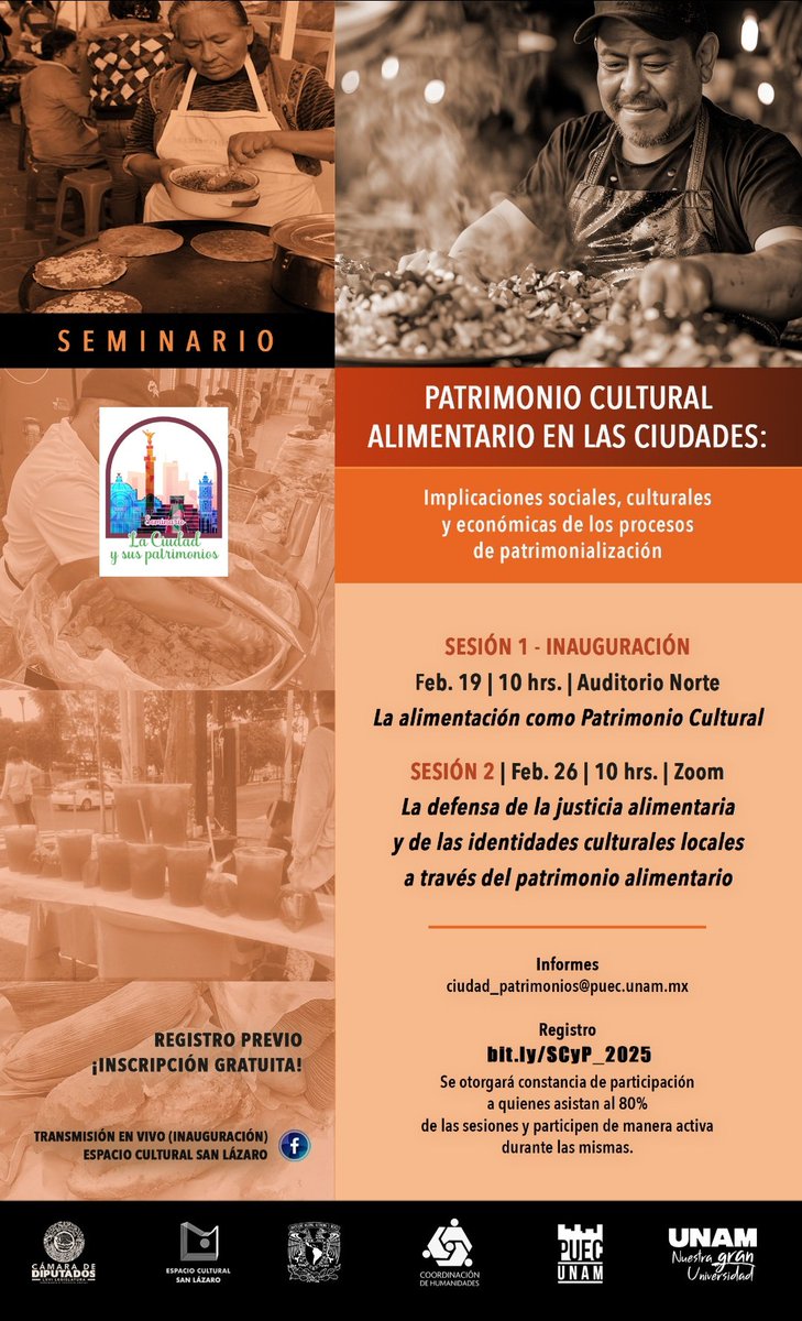 ¡NOS VEMOS MAÑANA!
Les invitamos al Seminario
Patrimonio Cultural Alimentario en las ciudades:
Implicaciones sociales, culturales y económicas
de los processos de patrimonialización.

4 sesiones | Feb. 19 y 26, Mar. 5 y 12 | Zoom

Registro: bit.ly/SCyP_2025