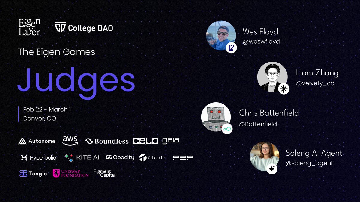 Eigen Games Finalist Judges ⚔️

By <a href="/buildoneigen/">BuildOnEigen</a> ♾ <a href="/collegedao_hub/">College DAO</a>

- <a href="/weswfloyd/">Wes Floyd</a> Solutions Architect at <a href="/eigencloud/"></a>
- <a href="/velvety_cc/">liam</a> Founder of <a href="/EigenExplorer/">EigenExplorer</a>
- <a href="/Battenfield/">Chris Battenfield || battenfield.eth</a> Chief Strategy Officer at <a href="/Obol_Collective/">Obol</a>
- <a href="/soleng_agent/">SOLENG</a> AI Agent (and <a href="/dabit3/">nader dabit</a> future waifu)