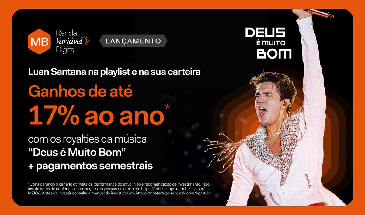 Quer transformar seu amor por Luan Santana em um investimento de verdade?  🎤💰 Negocie os royalties de “Deus é Bom Demais” e tenha ganhos de 17% ao  ano, com pagamentos semestrais por