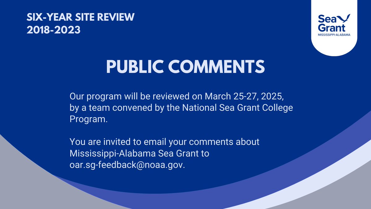 MSALSeaGrant (@msalseagrant) on Twitter photo We will be reviewed on March 25-27, 2025, by a team convened by <a href="/SeaGrant/">NOAA Sea Grant</a> . This notice invites you to participate in the review by emailing your comments about our program to oar.sg-feedback@noaa.gov. Put “MASGC site review” in the subject line. Details: bit.ly/4i2nArs We will be reviewed on March 25-27, 2025, by a team convened by <a href="/SeaGrant/">NOAA Sea Grant</a> . This notice invites you to participate in the review by emailing your comments about our program to oar.sg-feedback@noaa.gov. Put “MASGC site review” in the subject line. Details: bit.ly/4i2nArs