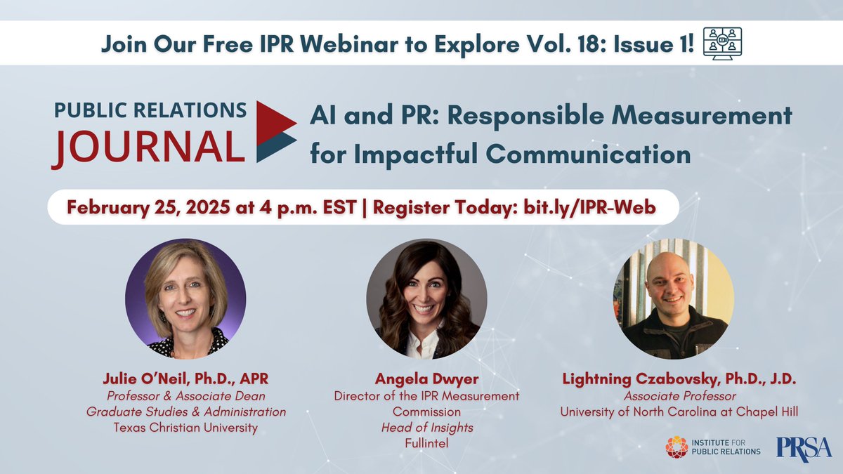 Only 7️⃣ days until our next #IPRWebinar! 

Join Julie O'Neil, Angela Dwyer, and Lightning Czabovsky as they explore AI in PR measurement on Feb 25 at 4 pm EST.

Get fresh insights on PR measurement challenges, ethics, and opportunities.

🔗 Register: buff.ly/2Jqv4Vp