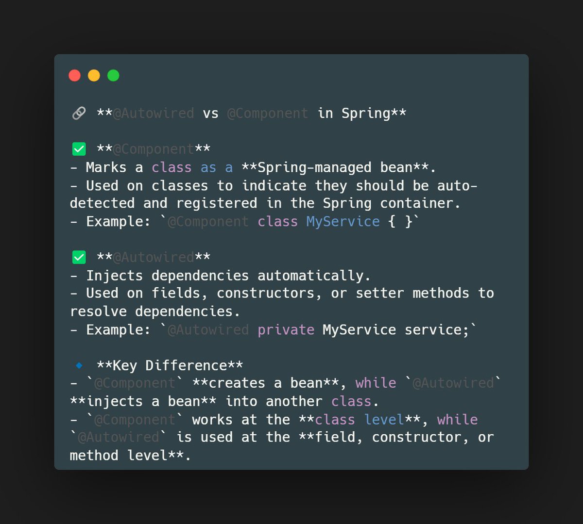 ayshriv's tweet photo. Difference between @Autowired and @Component in Spring
#ayshriv ✅ #Spring ✅ #Autowired ✅ #Component ✅ #Java ✅ https://t.co/lVV3qFSKsG
