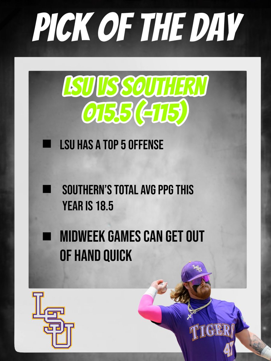 POTD (3/4)

LSU V SOUTHERN 

O15.5

THESE POTD ARE HOT🔥

Like and comment for more plays