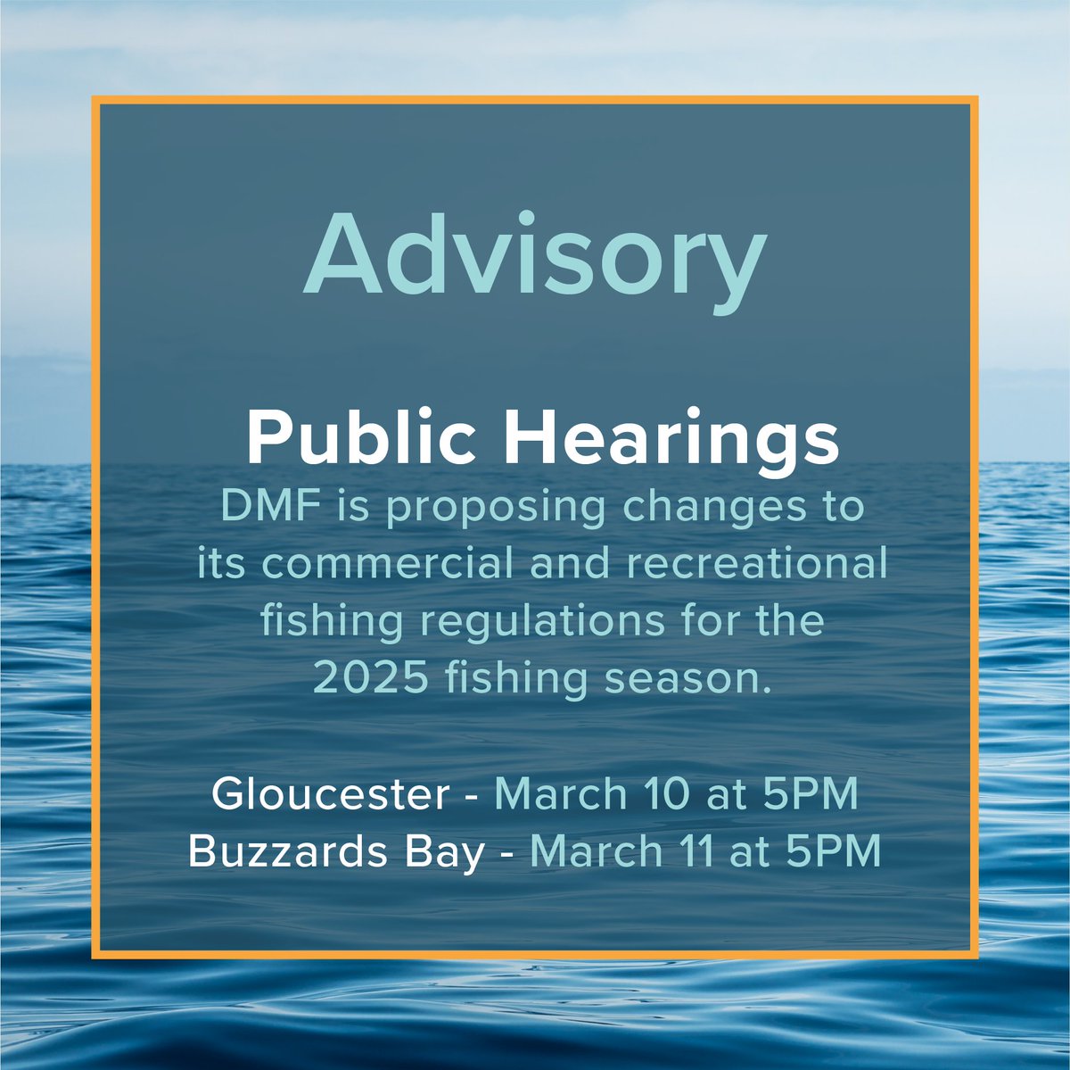 ADVISORY: We will host two in-person public hearings for 2025 commercial and recreational fishing regulatory changes. For more details about the public hearings, the proposed changes, and how to submit comments, please read the full advisory at: content.govdelivery.com/accounts/MADMF…