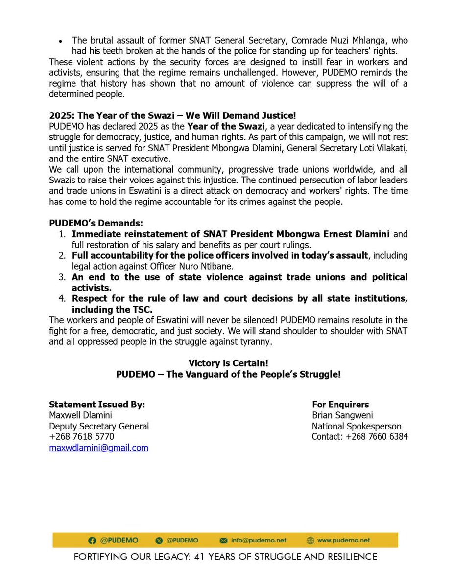 PUDEMO CONDEMNS THE BARBARIC ASSAULT OF SNAT EXECUTIVE BY ROYAL SWAZI POLICE