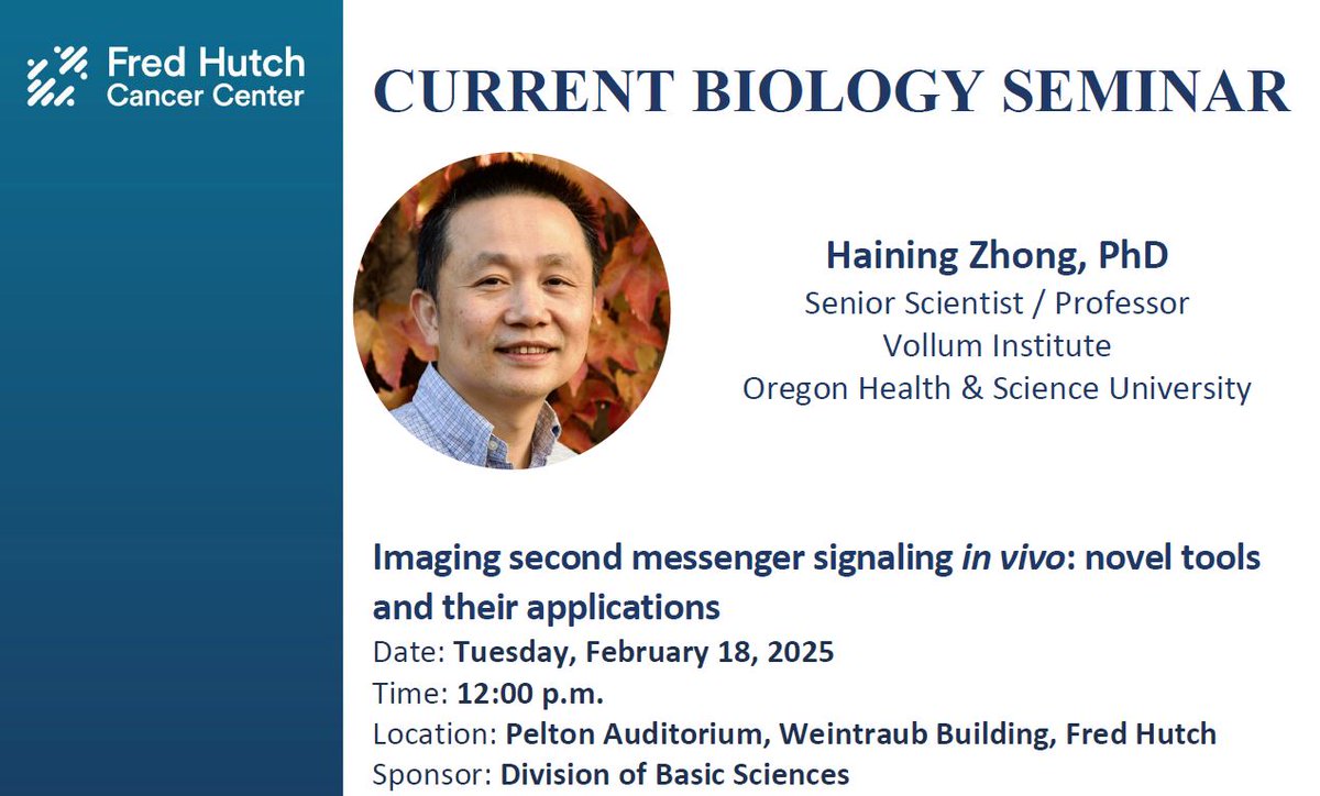 "Imaging second messenger signaling in vivo: novel tools and their applications"

We’re excited to have <a href="/HainingZhong/">Haining</a> joining us from the <a href="/VollumInstitute/">Vollum Institute</a> <a href="/OHSUNews/">OHSU News</a> to speak at today’s Current Biology Seminar! For all our @FredHutch colleagues, don’t miss a great talk at 12!